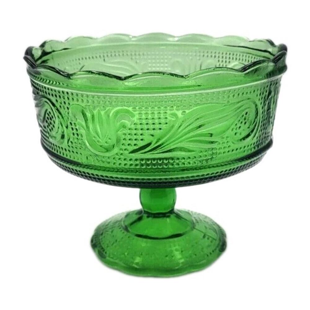EO Brody Emerald Green Glass Pedestal Compote Bowl M6000 Scalloped Rim 6.5x5.5"
